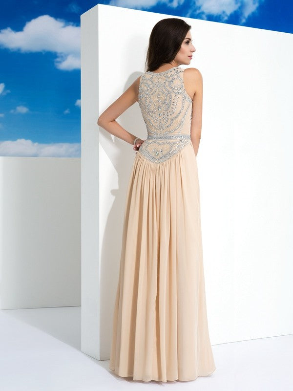A-Line/Princess Scoop Beading Sleeveless Long Chiffon Dresses