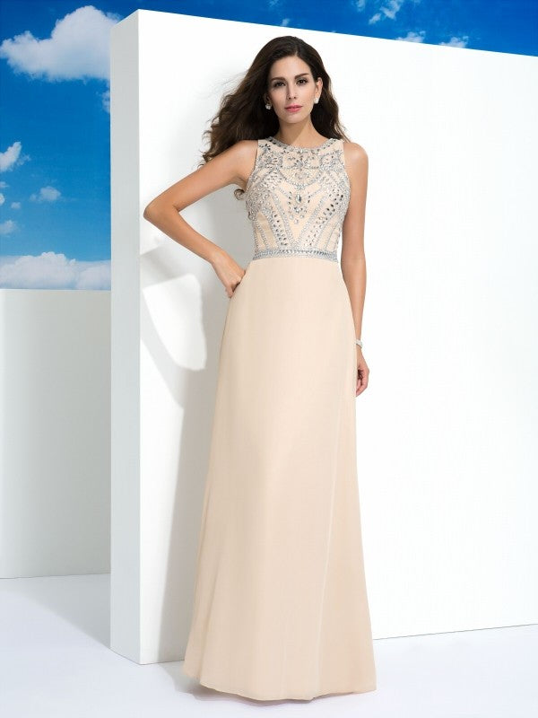 A-Line/Princess Scoop Beading Sleeveless Long Chiffon Dresses