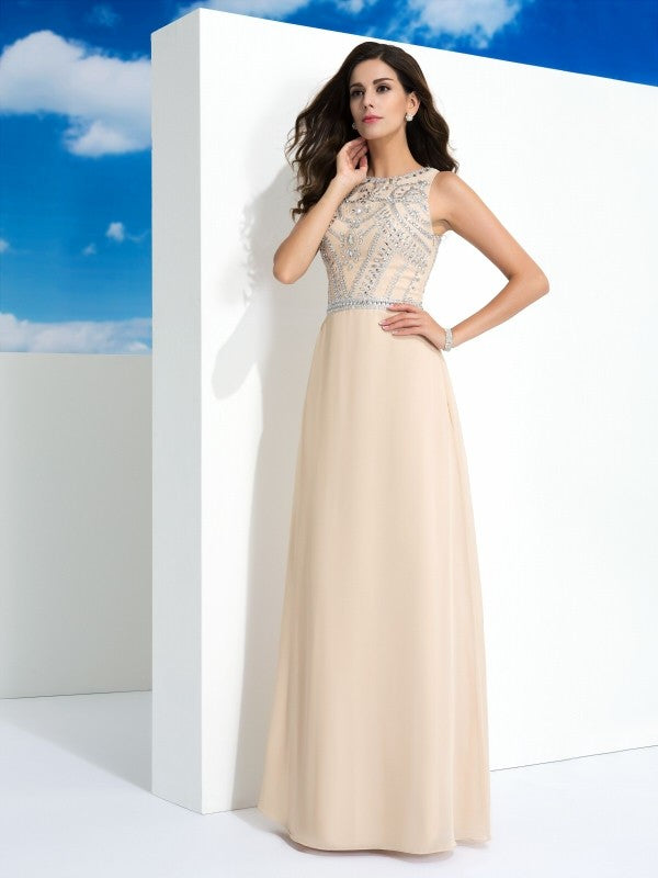 A-Line/Princess Scoop Beading Sleeveless Long Chiffon Dresses