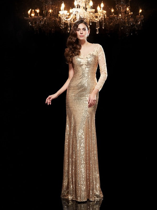 Robe longue à paillettes, style sirène/trompette, en dentelle, manches 3/4
