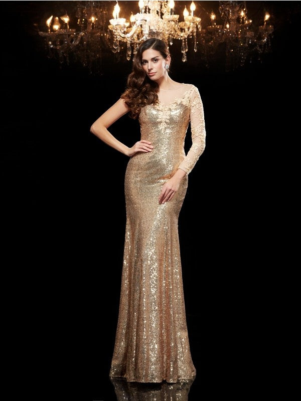 Robe longue à paillettes, style sirène/trompette, en dentelle, manches 3/4