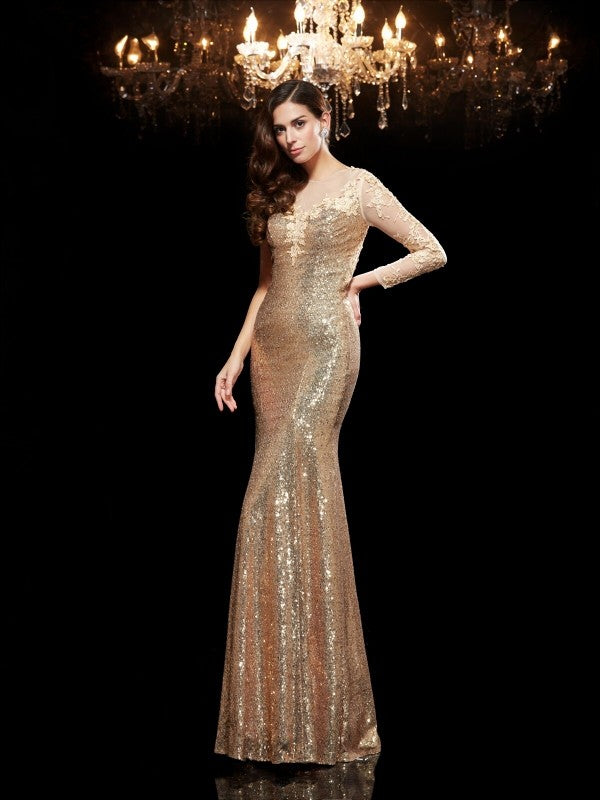 Robe longue à paillettes, style sirène/trompette, en dentelle, manches 3/4