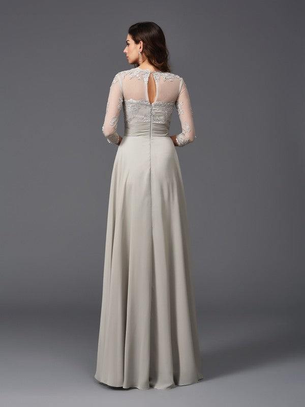 A-Line/Princess Scoop Applique 3/4 Sleeves Long Chiffon Dresses