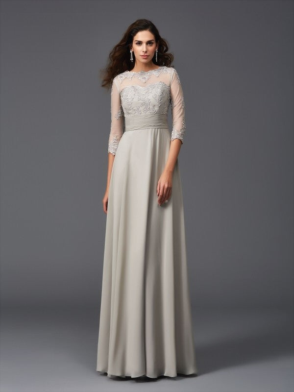 A-Line/Princess Scoop Applique 3/4 Sleeves Long Chiffon Dresses