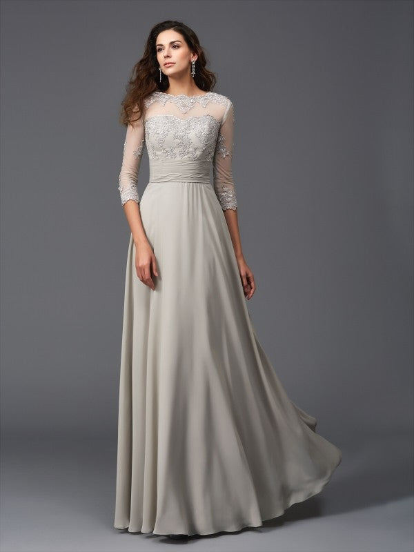 A-Line/Princess Scoop Applique 3/4 Sleeves Long Chiffon Dresses