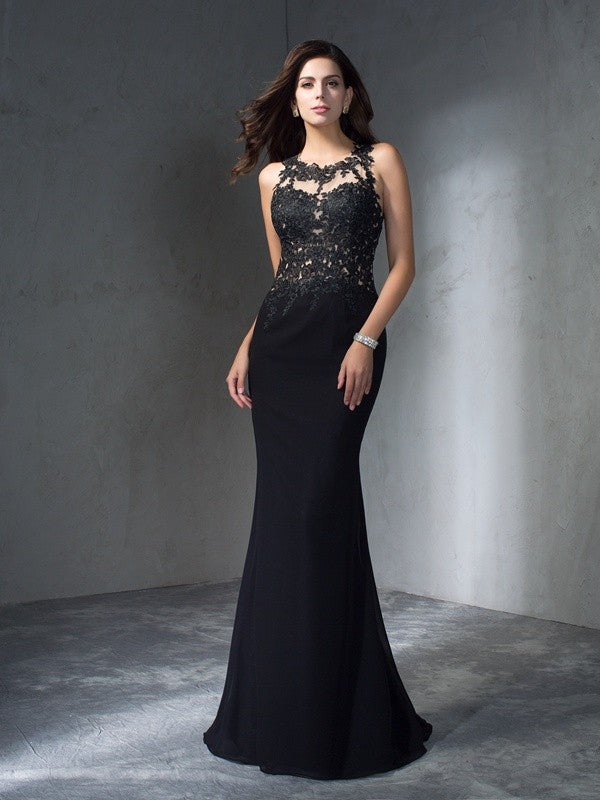 Robe longue en mousseline de soie à appliques, sans manches, style sirène/trompette