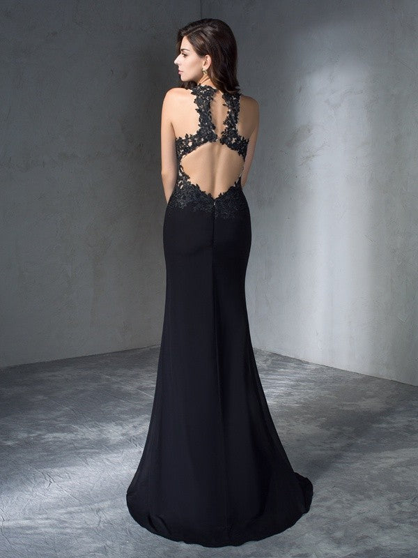 Robe longue en mousseline de soie à appliques, sans manches, style sirène/trompette
