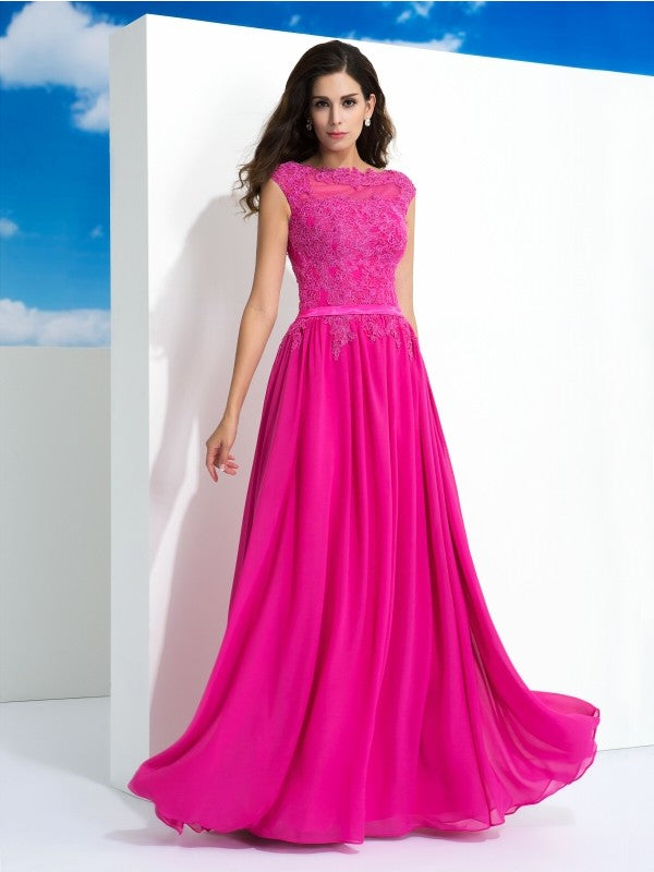 A-Line/Princess Sheer Neck Lace Sleeveless Long Chiffon Dresses