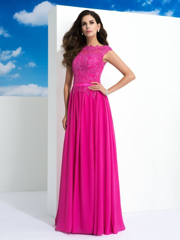 A-Line/Princess Sheer Neck Lace Sleeveless Long Chiffon Dresses