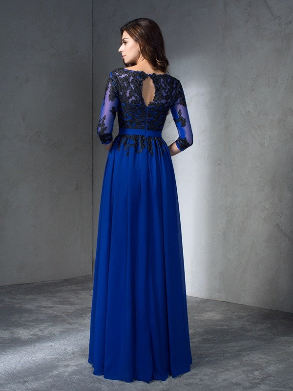A-Line/Princess Scoop Applique 3/4 Sleeves Long Chiffon Dresses