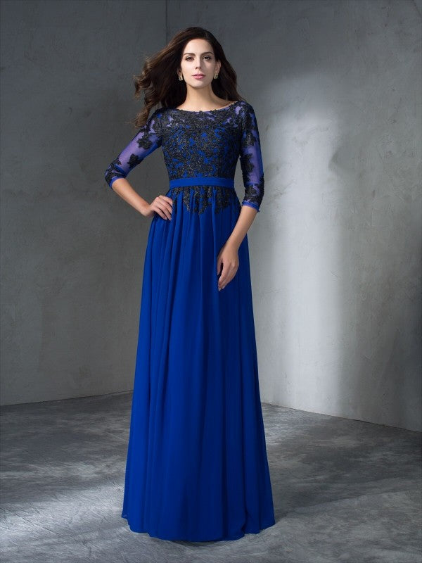 A-Line/Princess Scoop Applique 3/4 Sleeves Long Chiffon Dresses