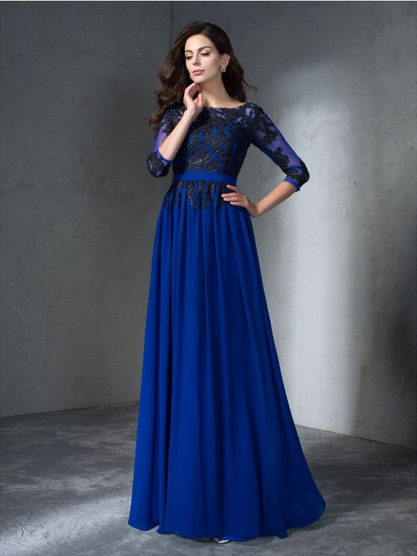 A-Line/Princess Scoop Applique 3/4 Sleeves Long Chiffon Dresses
