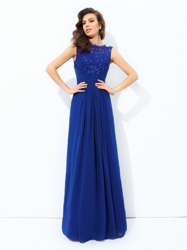A-line/Princess Scoop Lace Sleeveless Long Chiffon Dresses