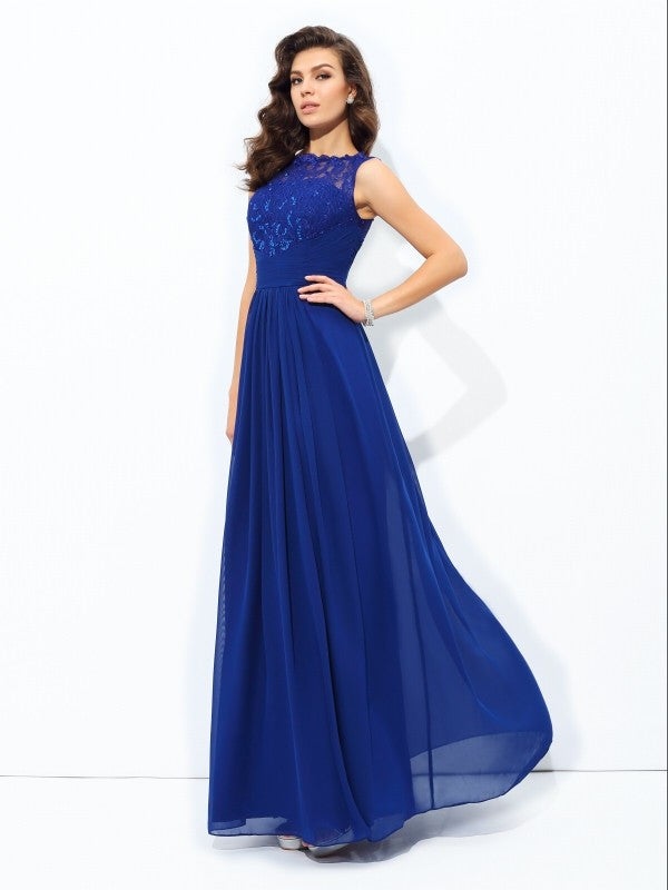 A-line/Princess Scoop Lace Sleeveless Long Chiffon Dresses