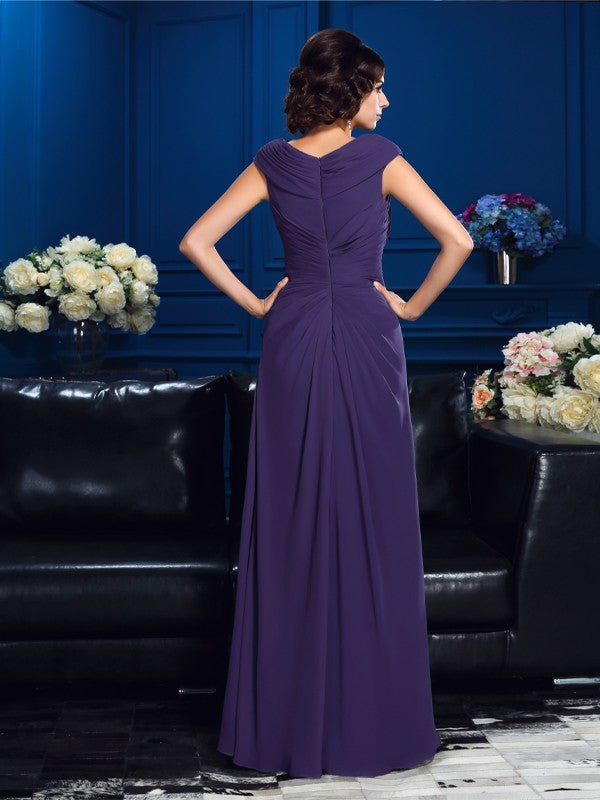 Robe de mère de la mariée longue en mousseline, sans manches, coupe trapèze/princesse, plissée
