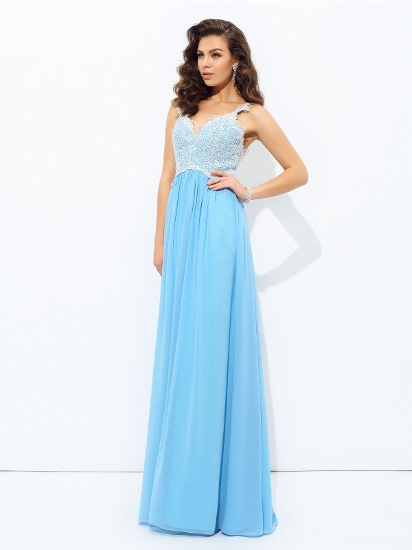 Robe longue en mousseline de soie, coupe trapèze/princesse, col en V, sans manches, en dentelle