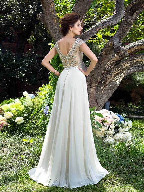 A-Line/Princess Sheer Neck Rhinestone Short Sleeves Long Chiffon Dresses