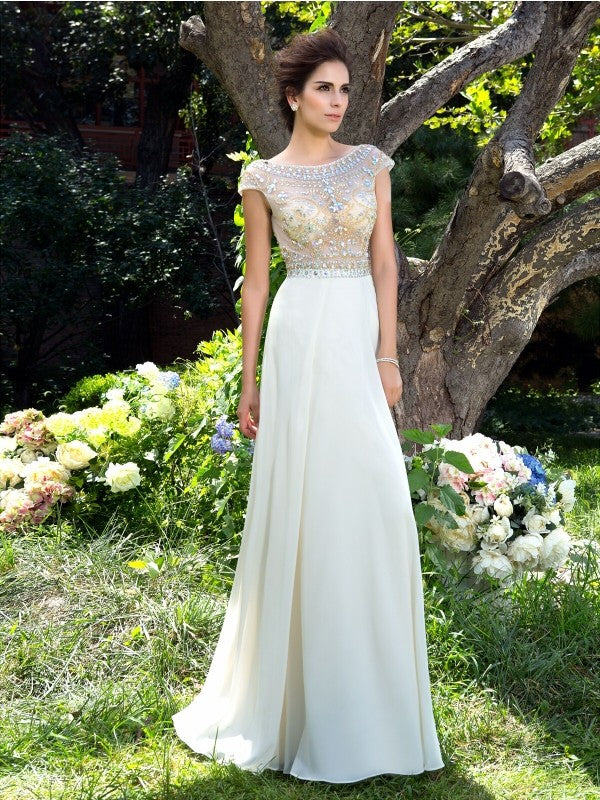 A-Line/Princess Sheer Neck Rhinestone Short Sleeves Long Chiffon Dresses