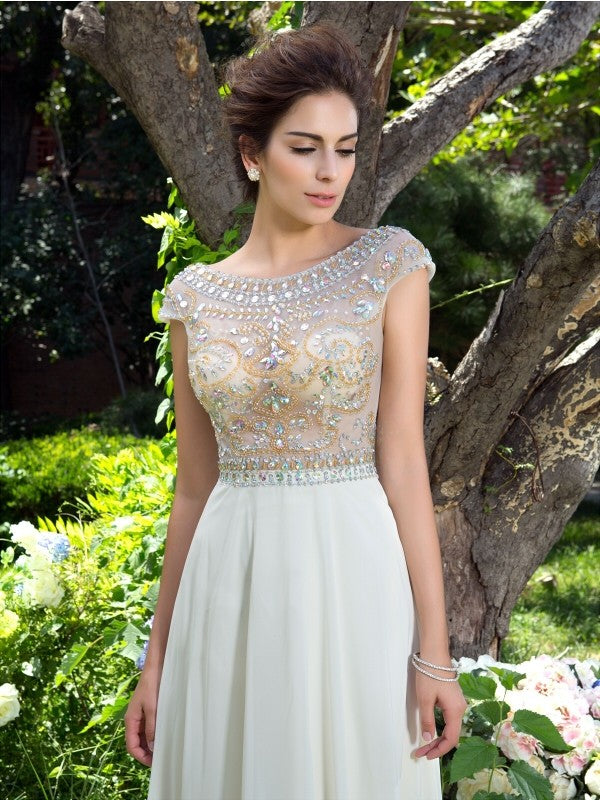 A-Line/Princess Sheer Neck Rhinestone Short Sleeves Long Chiffon Dresses