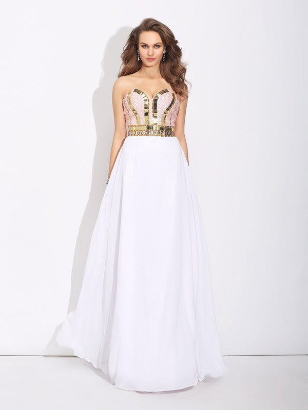 A-Line/Princess Sweetheart Beading Sleeveless Long Chiffon Dresses