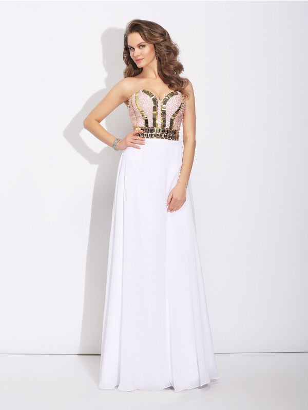 A-Line/Princess Sweetheart Beading Sleeveless Long Chiffon Dresses