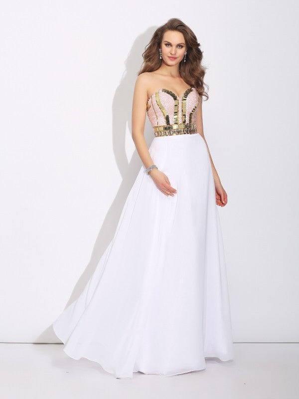 A-Line/Princess Sweetheart Beading Sleeveless Long Chiffon Dresses
