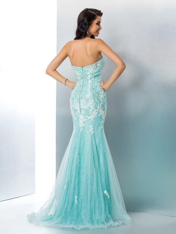 Robe longue en dentelle sans manches, style sirène/trompette, sans bretelles, avec appliques