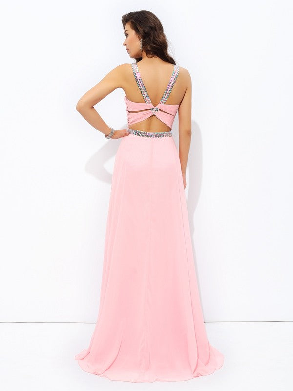 A-line/Princess Straps Beading Sleeveless Long Chiffon Dresses