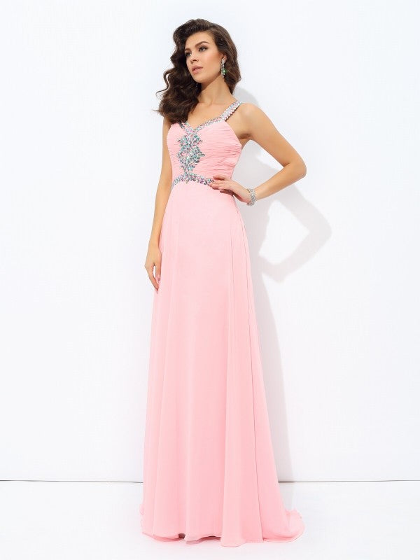 A-line/Princess Straps Beading Sleeveless Long Chiffon Dresses
