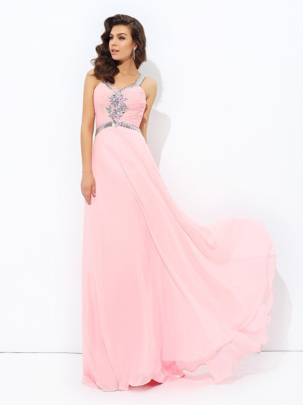 A-line/Princess Straps Beading Sleeveless Long Chiffon Dresses