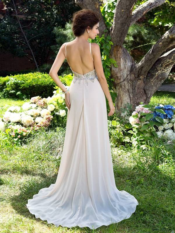 Robe longue en mousseline de soie, coupe trapèze/princesse, bretelles spaghetti, perles, sans manches