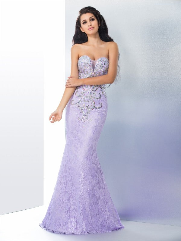 Trumpet/Mermaid Sweetheart Beading Sleeveless Long Lace Dresses