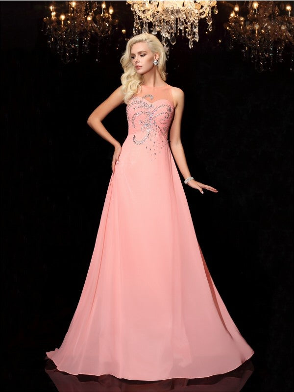 A-line/Princess Scoop Beading Sleeveless Long Chiffon Dresses