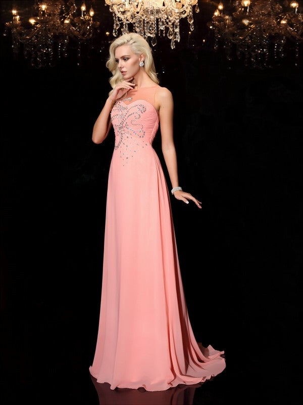 A-line/Princess Scoop Beading Sleeveless Long Chiffon Dresses