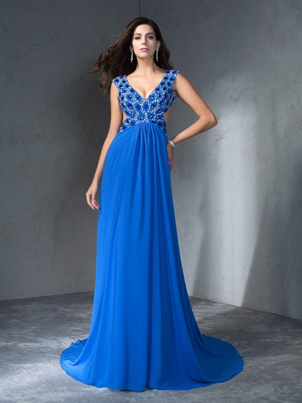 Robe longue en mousseline de soie, coupe trapèze/princesse, col en V, sans manches, à sequins
