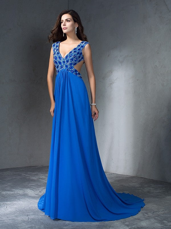 Robe longue en mousseline de soie, coupe trapèze/princesse, col en V, sans manches, à sequins