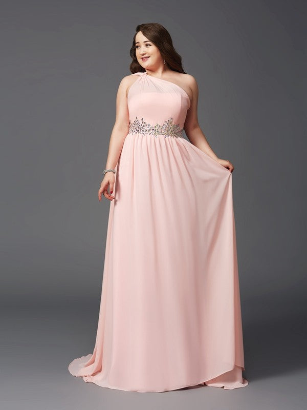 Robe trapèze/princesse asymétrique en mousseline de soie, sans manches, avec strass, grande taille