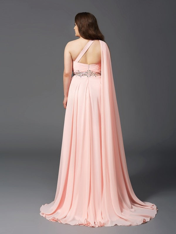 Robe trapèze/princesse asymétrique en mousseline de soie, sans manches, avec strass, grande taille