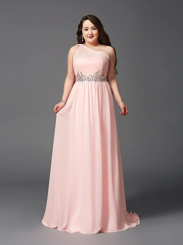 Robe trapèze/princesse asymétrique en mousseline de soie, sans manches, avec strass, grande taille