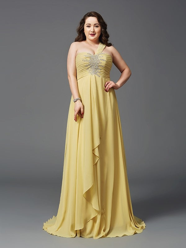 Robe trapèze/princesse asymétrique en mousseline de soie, sans manches, avec strass, grande taille