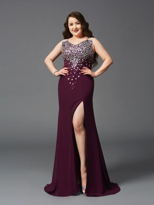 Robe fourreau/colonne à bretelles et strass, sans manches, longue en mousseline, grande taille