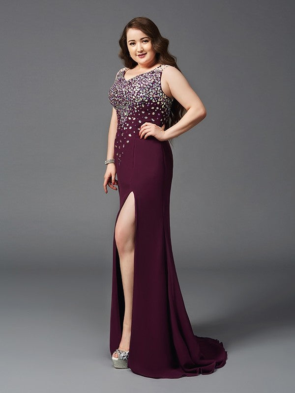 Robe fourreau/colonne à bretelles et strass, sans manches, longue en mousseline, grande taille