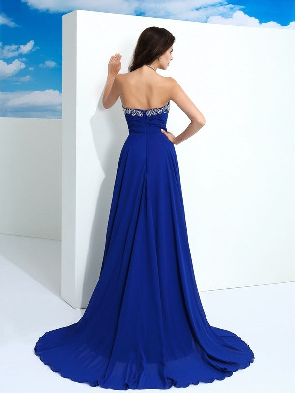 A-Line/Princess Sweetheart Sleeveless Long Beading Chiffon Dresses