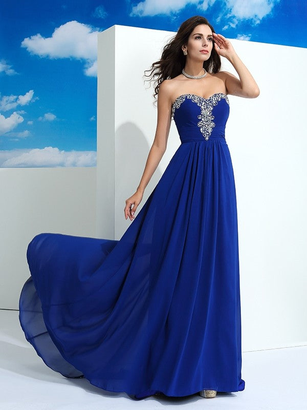 A-Line/Princess Sweetheart Sleeveless Long Beading Chiffon Dresses
