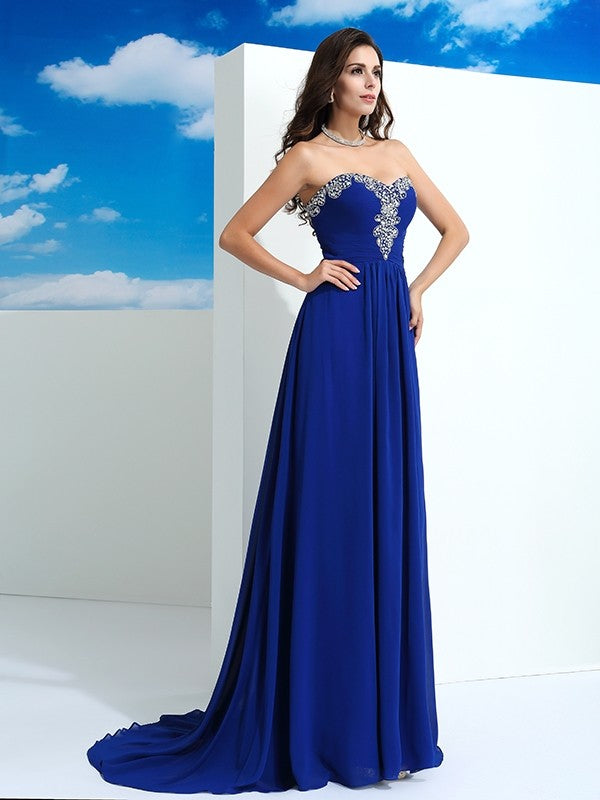 A-Line/Princess Sweetheart Sleeveless Long Beading Chiffon Dresses