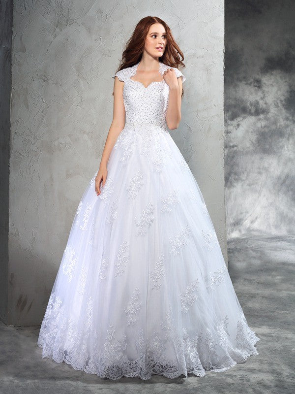Robe de mariée longue en organza, décolleté en cœur, sans manches, en dentelle