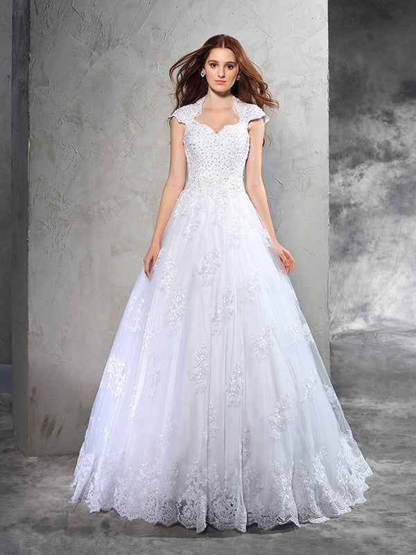 Robe de mariée longue en organza, décolleté en cœur, sans manches, en dentelle