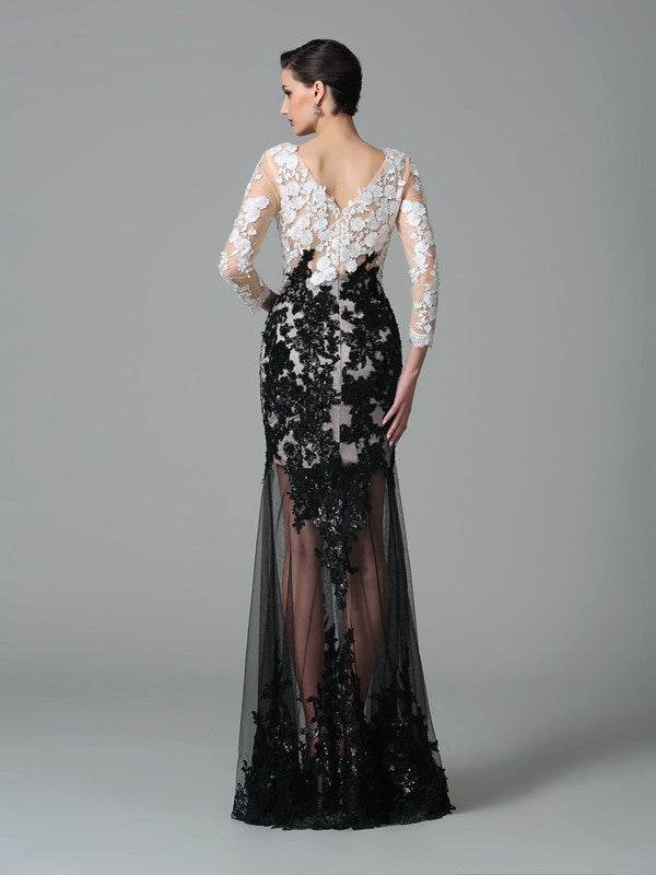 Robe longue en filet, fourreau/colonne, col en V, dentelle, manches 3/4