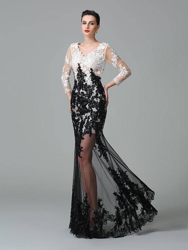 Robe longue en filet, fourreau/colonne, col en V, dentelle, manches 3/4