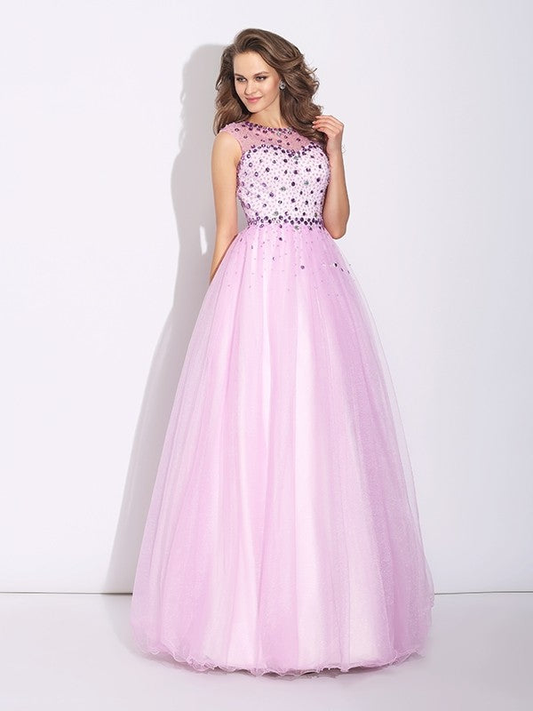 A-Line/Princess Jewel Rhinestone Sleeveless Long Net Dresses